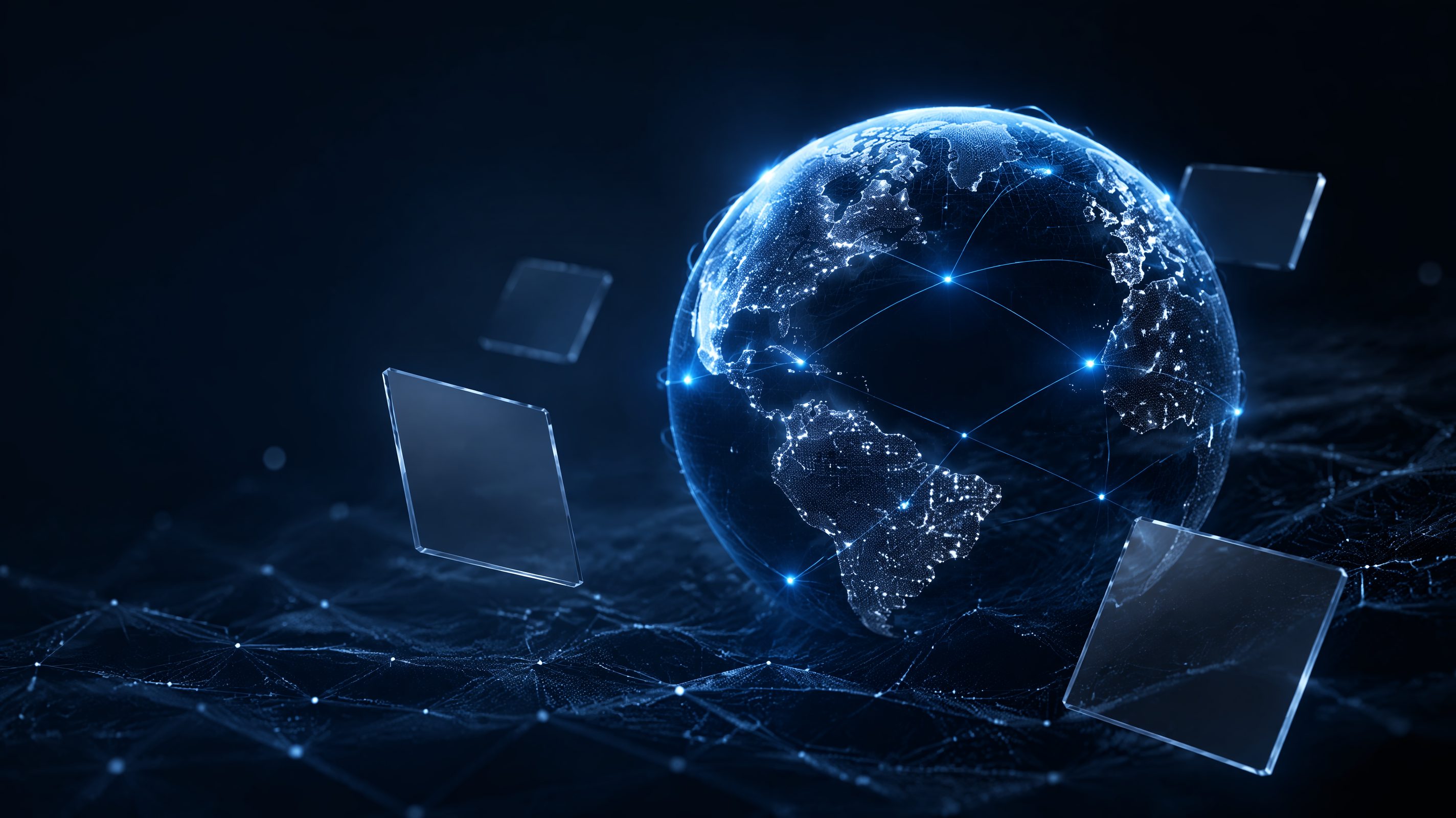 Abstract wireframe globe and digital asset network